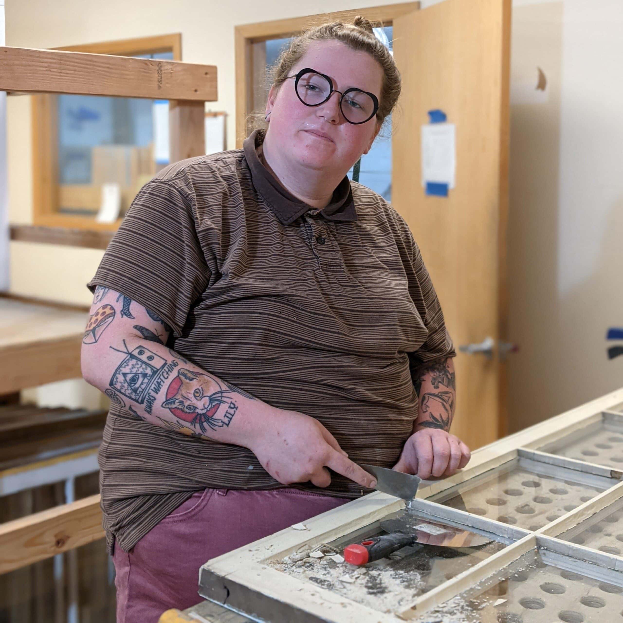 Restoration of historic window frame during Hayes Window Restoration project.