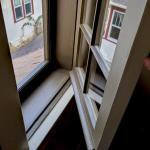 Replacement window frame during restoration process at Hayes Windows.