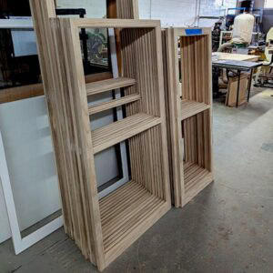 Handcrafted wooden window shelves for restoration projects at Hayes Windows.