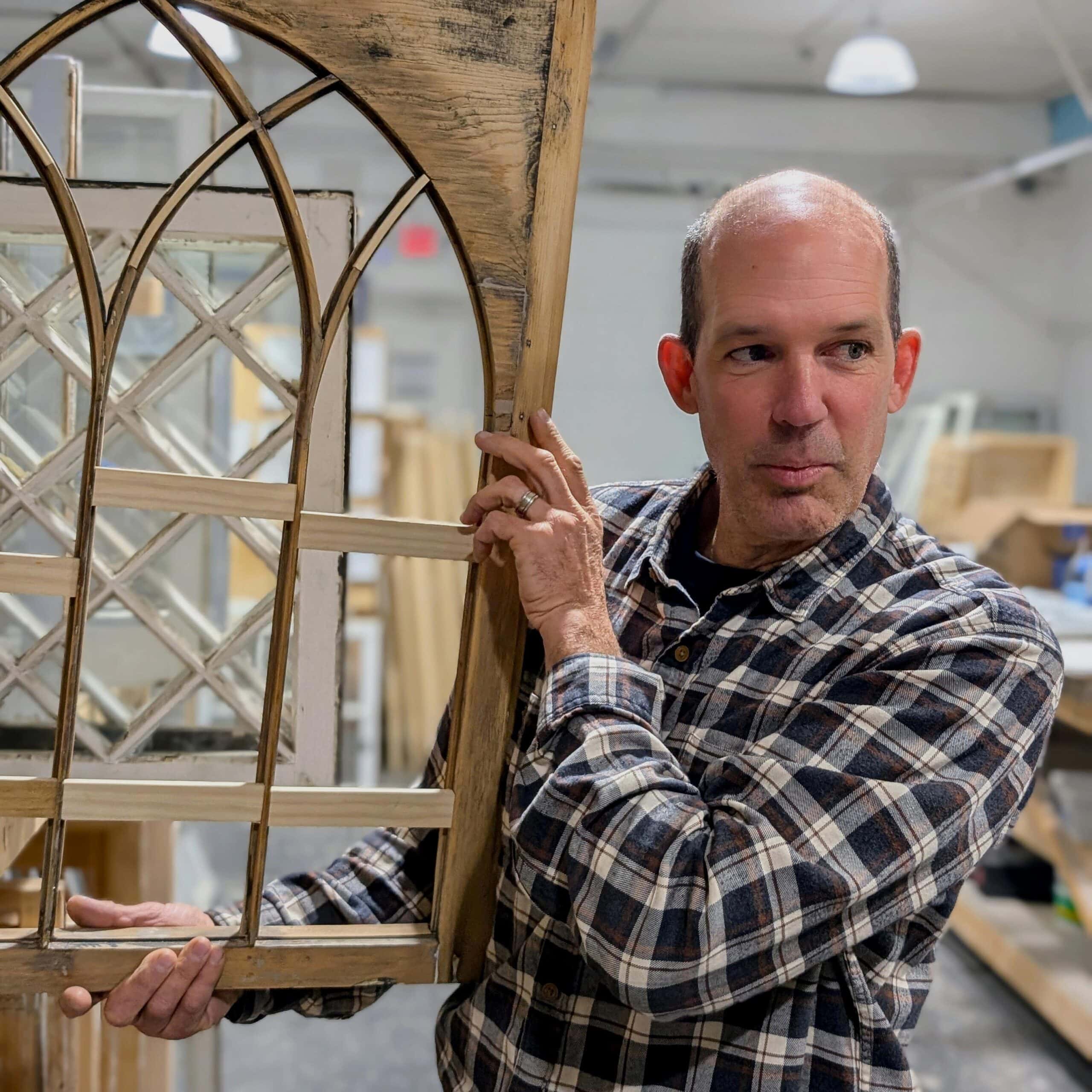 Reclaimed wood window frame restoration process.